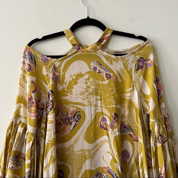 Free People Drift Away Printed Cold Shoulder Tunic Dress in Chartreuse - Picture 5 of 11